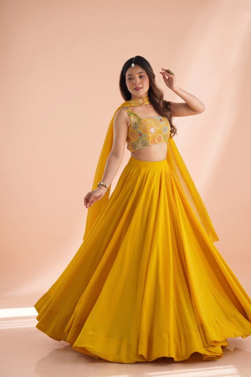 HYMISS Red & Yellow Pure Soft Fox Georgette Lehenga Choli Set with Embroidered Blouse & Dupatta