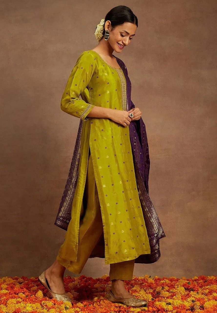 Mustard Art Silk Kurta Pant Set with Purple Dupatta & Lace Border