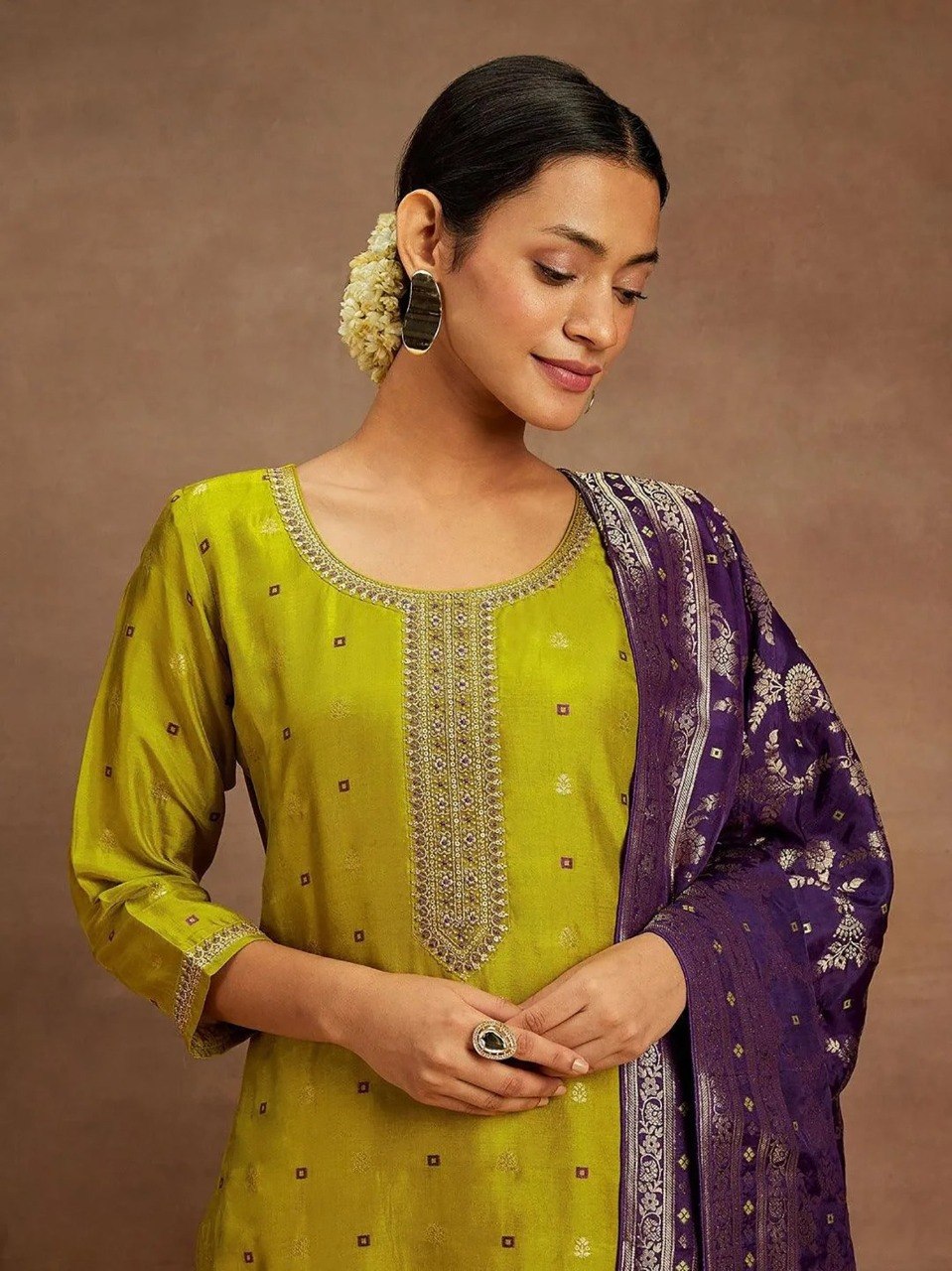 Mustard Art Silk Kurta Pant Set with Purple Dupatta & Lace Border