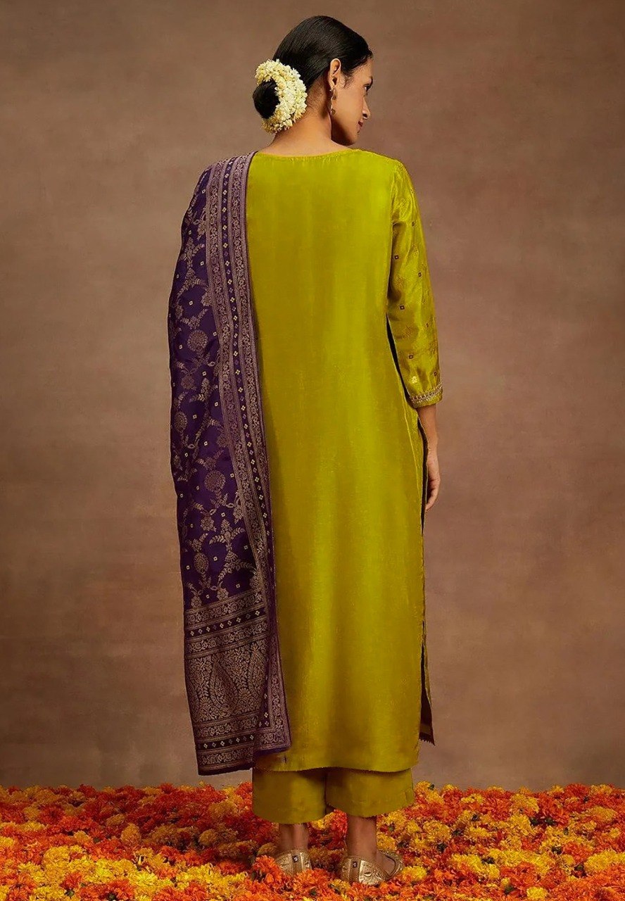 Mustard Art Silk Kurta Pant Set with Purple Dupatta & Lace Border