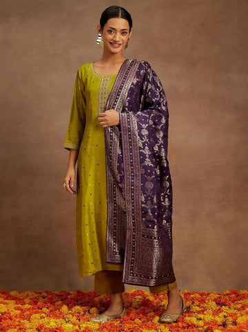 Mustard Art Silk Kurta Pant Set with Purple Dupatta & Lace Border