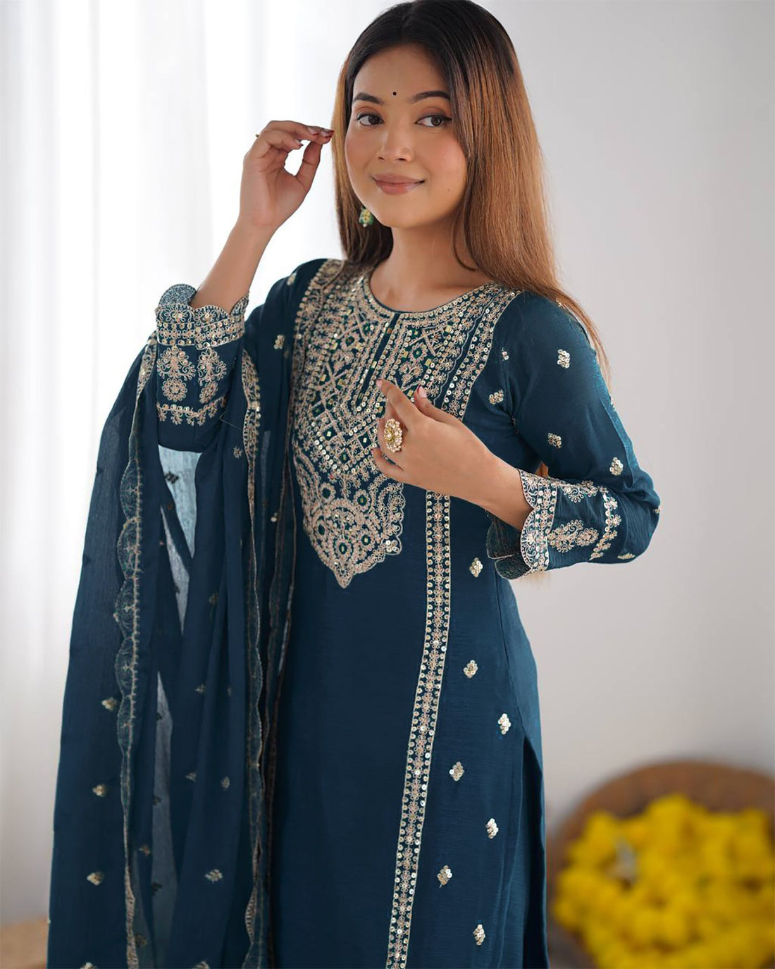Cerulean Tesla Silk Kurta Pant Dupatta Set with Embroidered Work