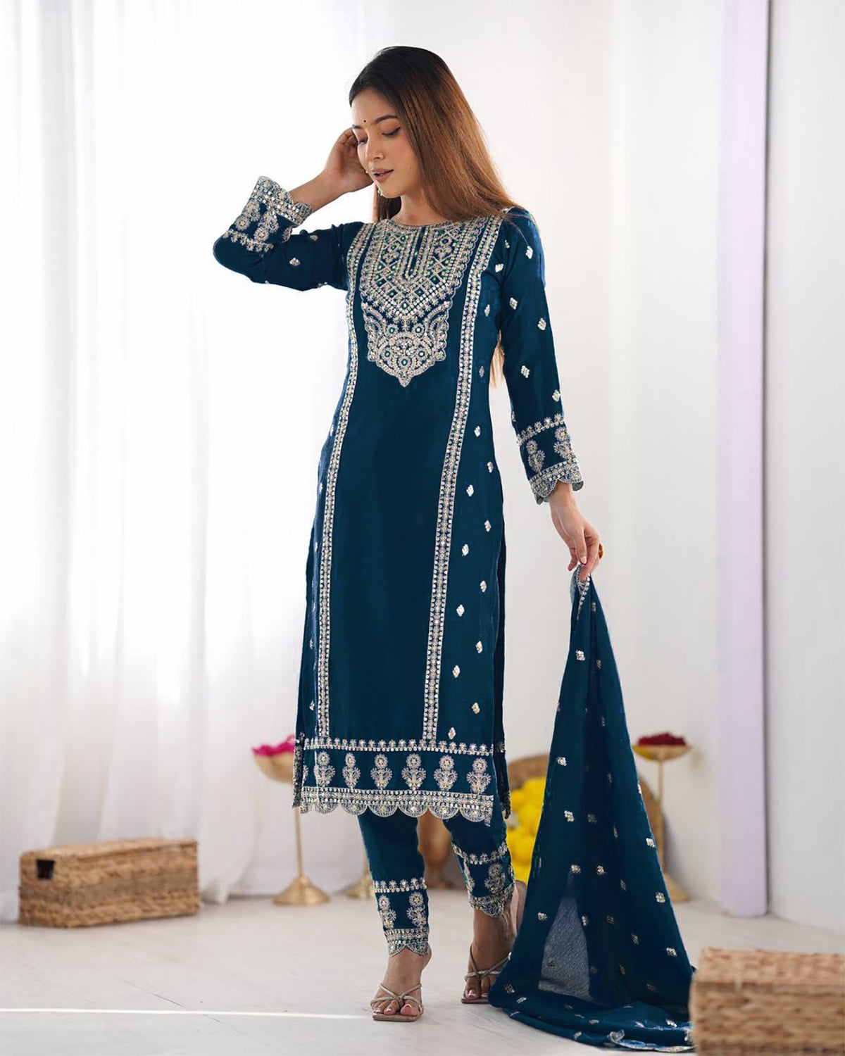 Cerulean Tesla Silk Kurta Pant Dupatta Set with Embroidered Work