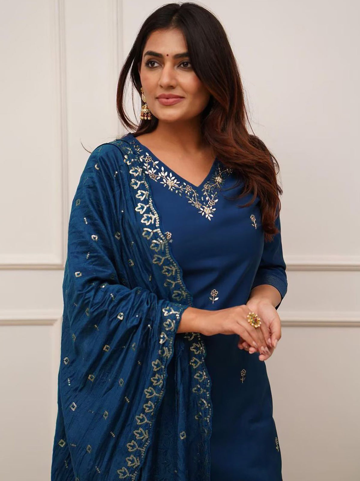 Cerulean Tesla Kurta Pant Set with Vichitra Lace Border Dupatta