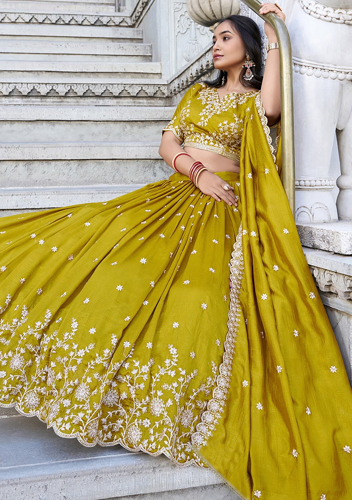 Embellished Semi-Stitched Lehenga Choli for Women – Mustard Chinon Lehenga with Embroidered Zari Work & Sequins Dupatta