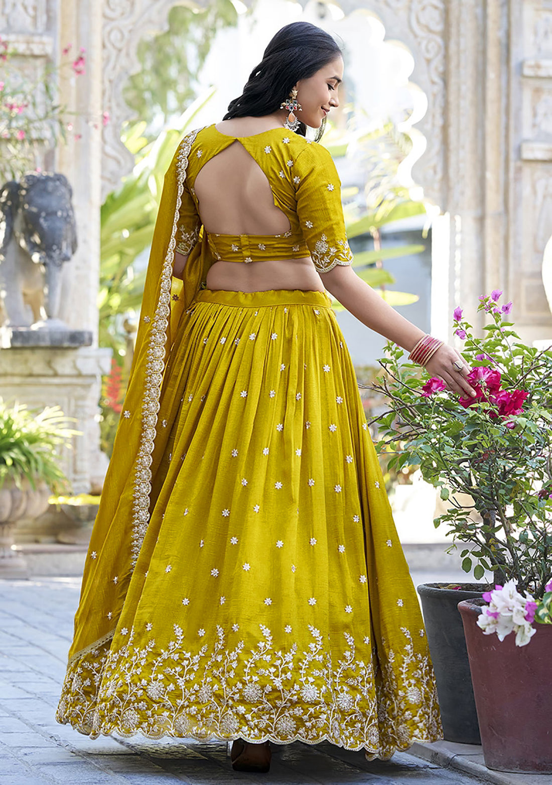 Embellished Semi-Stitched Lehenga Choli for Women – Mustard Chinon Lehenga with Embroidered Zari Work & Sequins Dupatta