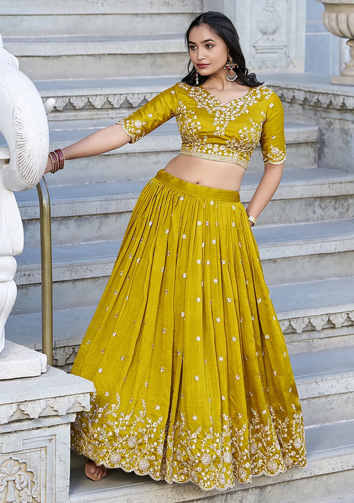 Embellished Semi-Stitched Lehenga Choli for Women – Mustard Chinon Lehenga with Embroidered Zari Work & Sequins Dupatta