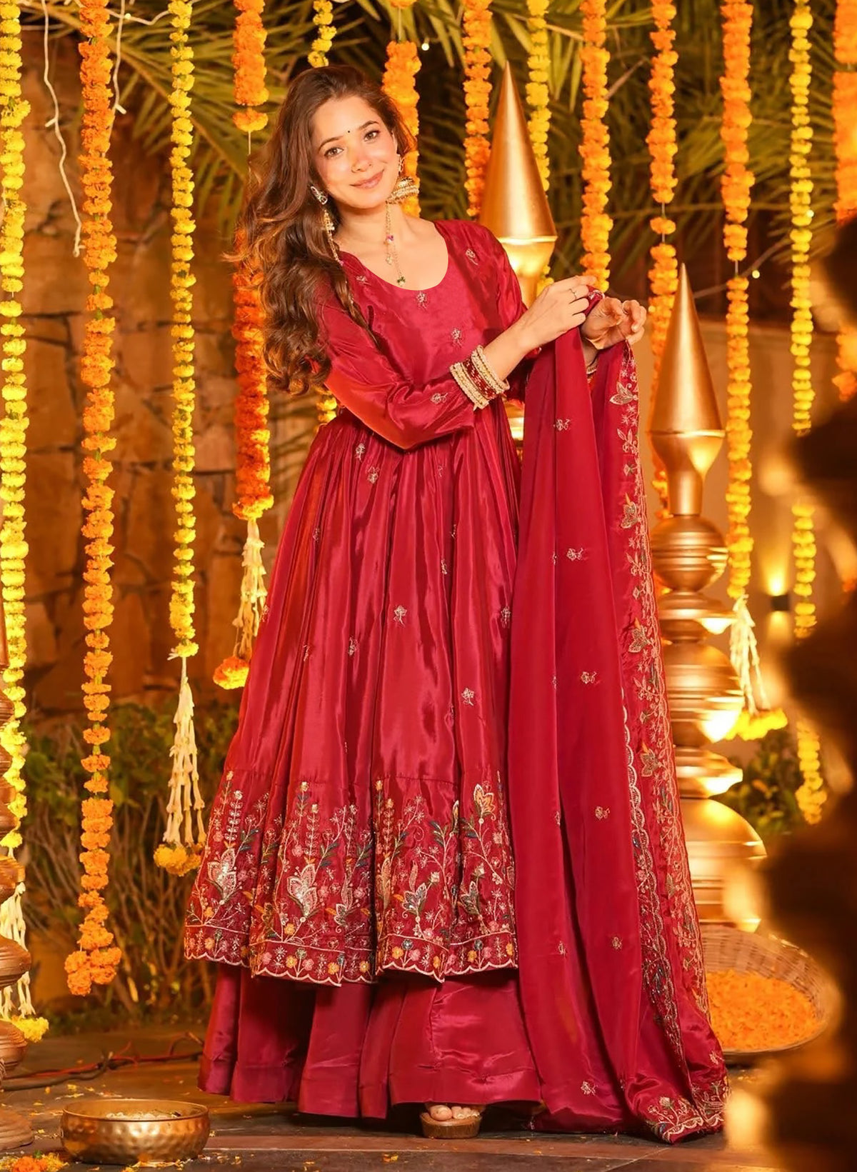 Red Heavy French Crepe Anarkali Suit Set with Embroidered Palazzo & Dupatta