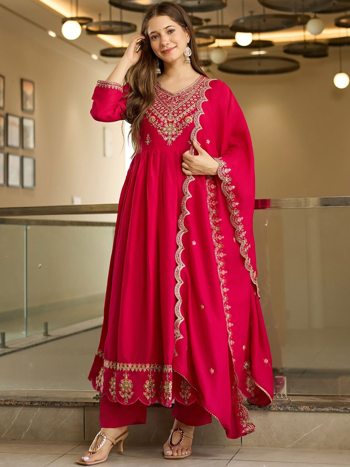 Pink Vichitra Embroidered Anarkali Sharara Suit Set with Dupatta