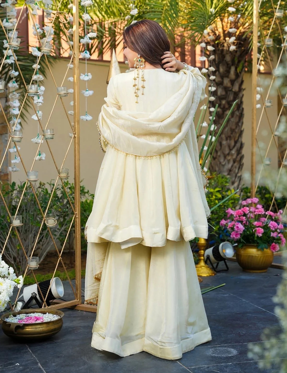 Off White French Crepe Kurta Palazzo Set with Mirror Embroidery