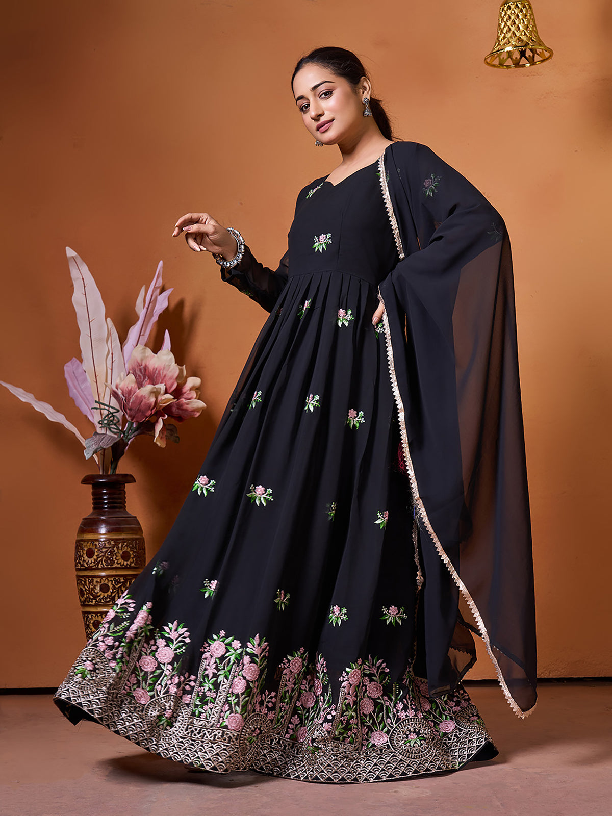 Black Georgette Anarkali Suit Set with Embroidered Kurta & Dupatta