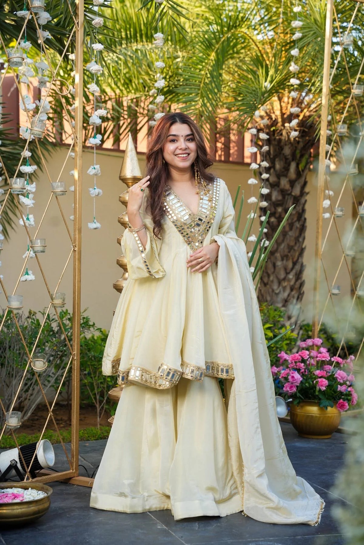 Off White French Crepe Kurta Palazzo Set with Mirror Embroidery