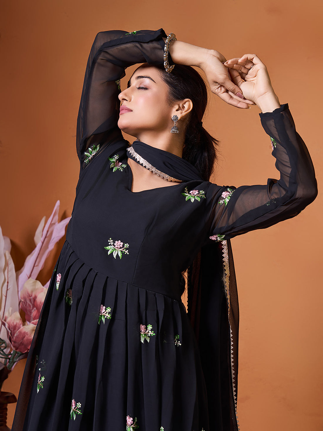 Black Georgette Anarkali Suit Set with Embroidered Kurta & Dupatta