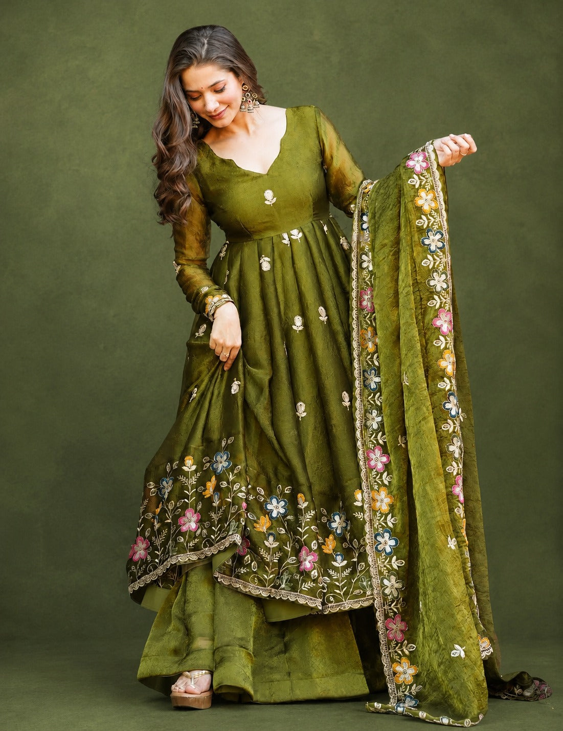 Heavy Crunchy Silk Anarkali Suit Set with Embroidered Palazzo & Dupatta