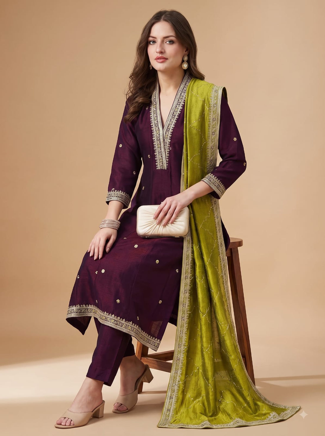 Wine & Beige Vichitra Embroidered Kurta Pant Set with Dupatta