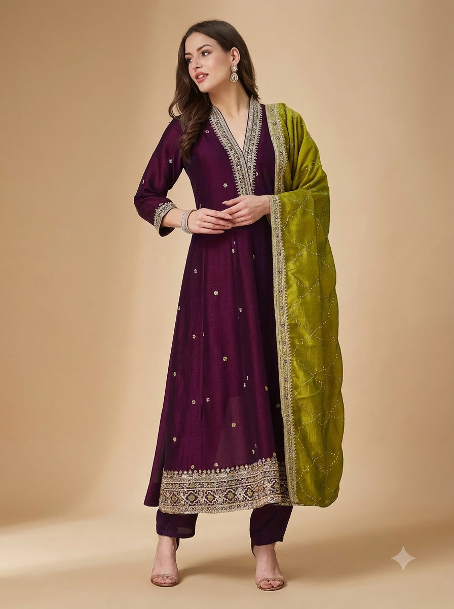 Wine & Beige Vichitra Embroidered Kurta Pant Set with Dupatta